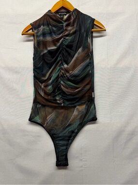 PrettyLittleThing Ruched Mesh Bodysuit in Multicolor Swirl Sz 8